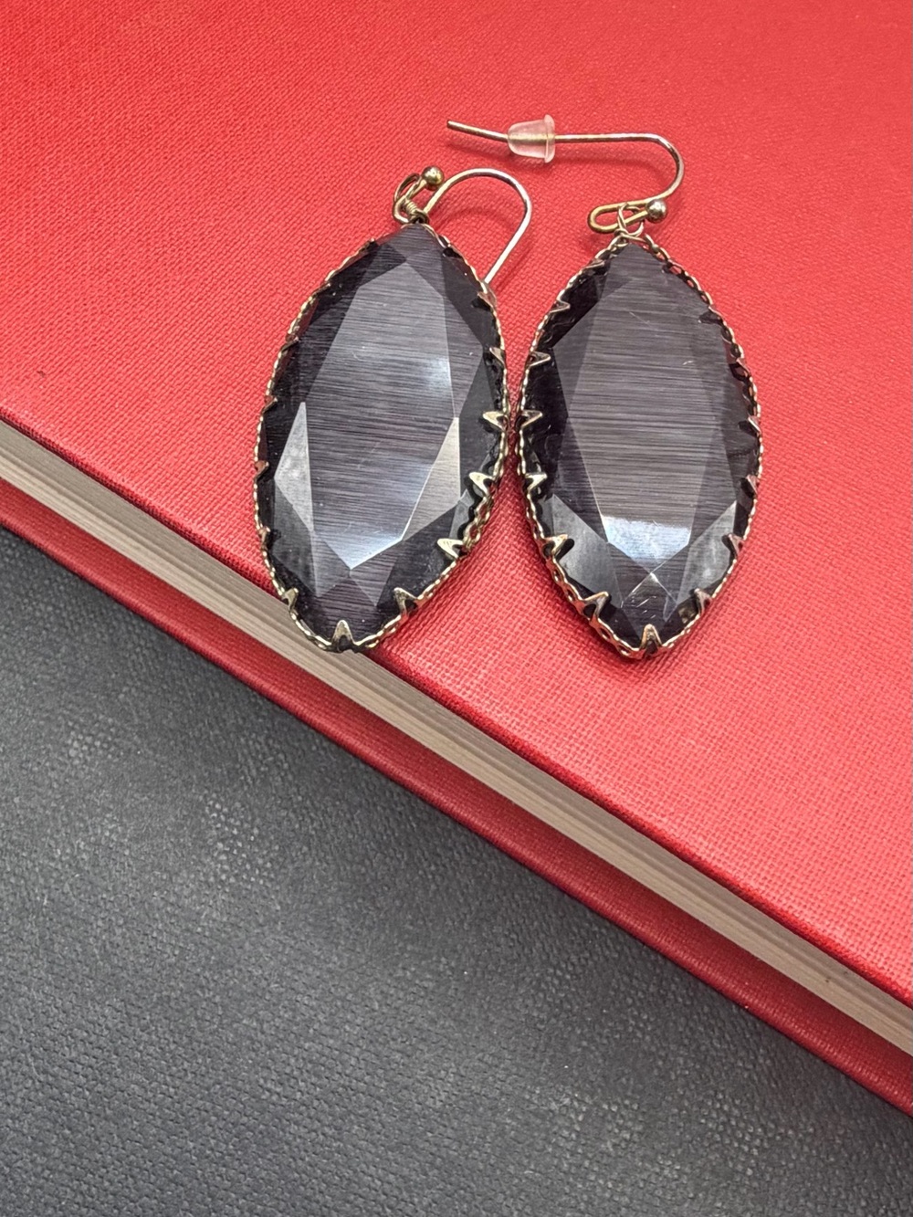 Black Cat’s  Eye Glass Marquise Crystal Drop Earrings